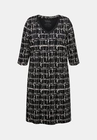 Czarna sukienka z dekoltem w serek i rękawami o długości trzech kwartałów, z białym abstrakcyjnym wzorem w siatkę i luźnym krojem. Miękka, lekka tkanina.