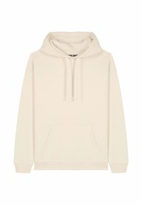 Beežika värvi pikad varrukad kapuutsiga pusa, esiküljel kängurust tasku ja kapuutsi nöör, esitletud lihtsal valgel taustal.