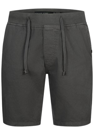 Tamnosive pamučne kratke hlače s elastičnim pojasom, prednjim vezicama i bočnim džepovima.