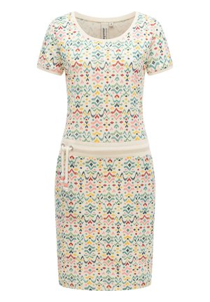 Kjole med korte ærmer og knælængde med et flerfarvet geometrisk mønster og en beige taljebånd med snøre på venstre side.