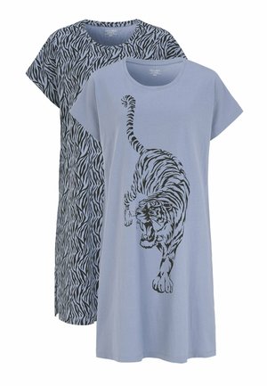 Ljusblå bomulls t-shirt med en stor svart tiger grafik på framsidan och svart zebramönster på baksidan, med korta ärmar.