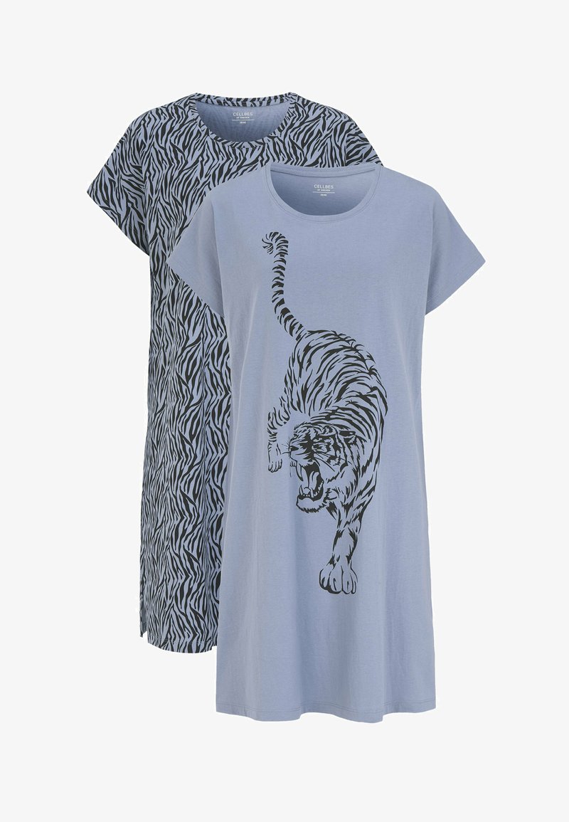 Hellblaues Baumwoll-T-Shirt mit einem großen schwarzen Tiger-Design auf der Vorderseite und einem schwarzen Zebra-Muster auf der Rückseite, kurzärmelig.