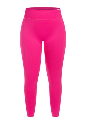 Fitted leggings in bright pink, featuring a wide, ribbed waistband. Made of stretchy material with a smooth texture. No visible patterns or accents.