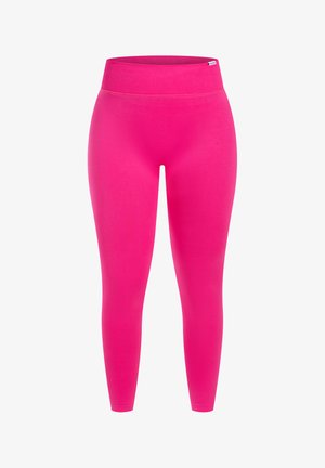 Dopasowane legginsy w jaskrawym różu, z szerokim, prążkowanym pasem w talii. Wykonane z elastycznego materiału o gładkiej fakturze. Brak widocznych wzorów lub akcentów.