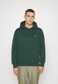 Green hoodie with a front pouch pocket, drawstring hood, and a small logo on the chest. Made of soft material with a smooth texture.