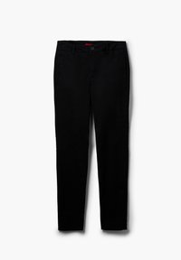 Pantalon noir en coton, coupe slim, taille boutonnée et poches latérales. Texture lisse avec un minimum de détails.