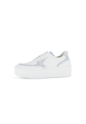 White platform sneakers with blue and silver accents, smooth leather material, rounded toe, and detailed stitching along the sides.