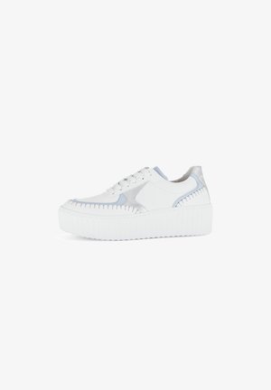White platform sneakers with blue and silver accents, smooth leather material, rounded toe, and detailed stitching along the sides.