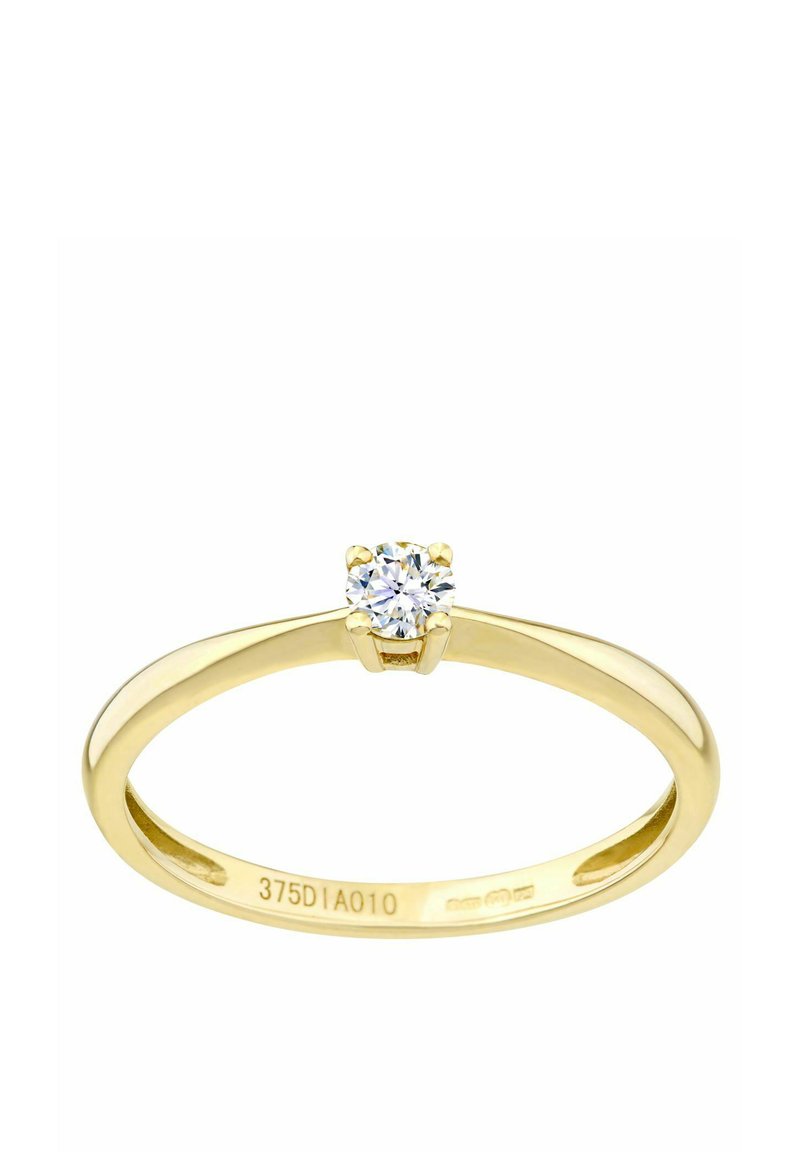 Kultaketjun sormus, jossa on pyöreä timantti kuudessa piikissä. Liukas rengas kiillotetulla viimeistelyllä. Kaiverrettu sisus merkinnöillä.