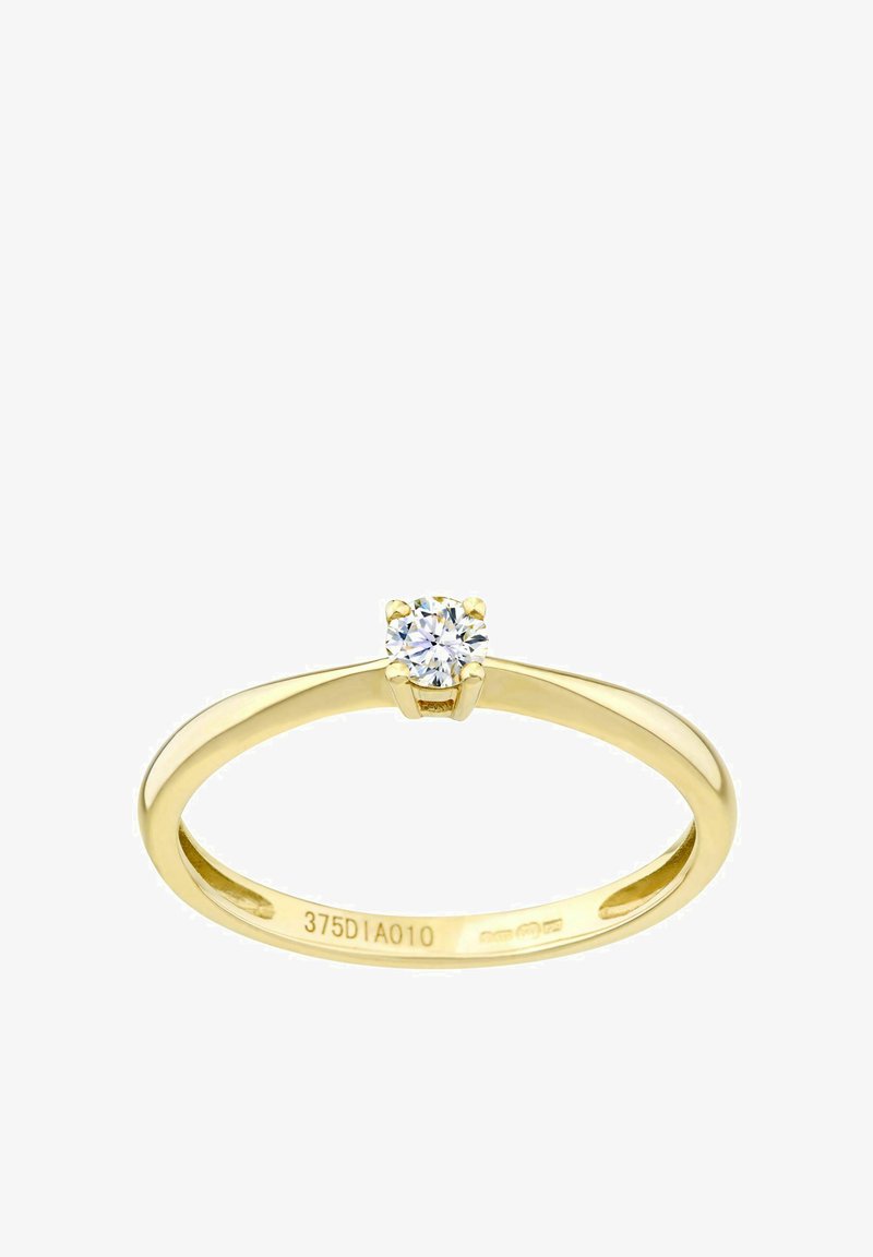 Zlatni prsten od žutog zlata s okruglim dijamantom postavljenim u nosač s šest klinova. Glatka traka s poliranim završetkom. Ugravirani unutrašnjost s oznakama.