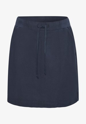 Marineblauwe linnen rok met een elastische tailleband, trekkoordsluiting en zijzakken; gladde textuur met een eenvoudig ontwerp.