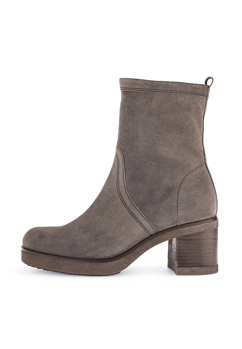 Gray suede ankle boot with a rounded toe, side stitching details, and a chunky heel. Features a pull tab for easy wear.