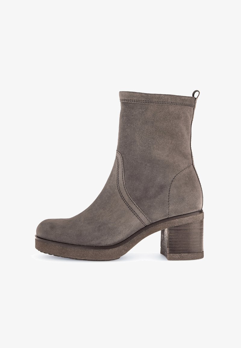 Gray suede ankle boot with a rounded toe, side stitching details, and a chunky heel. Features a pull tab for easy wear.