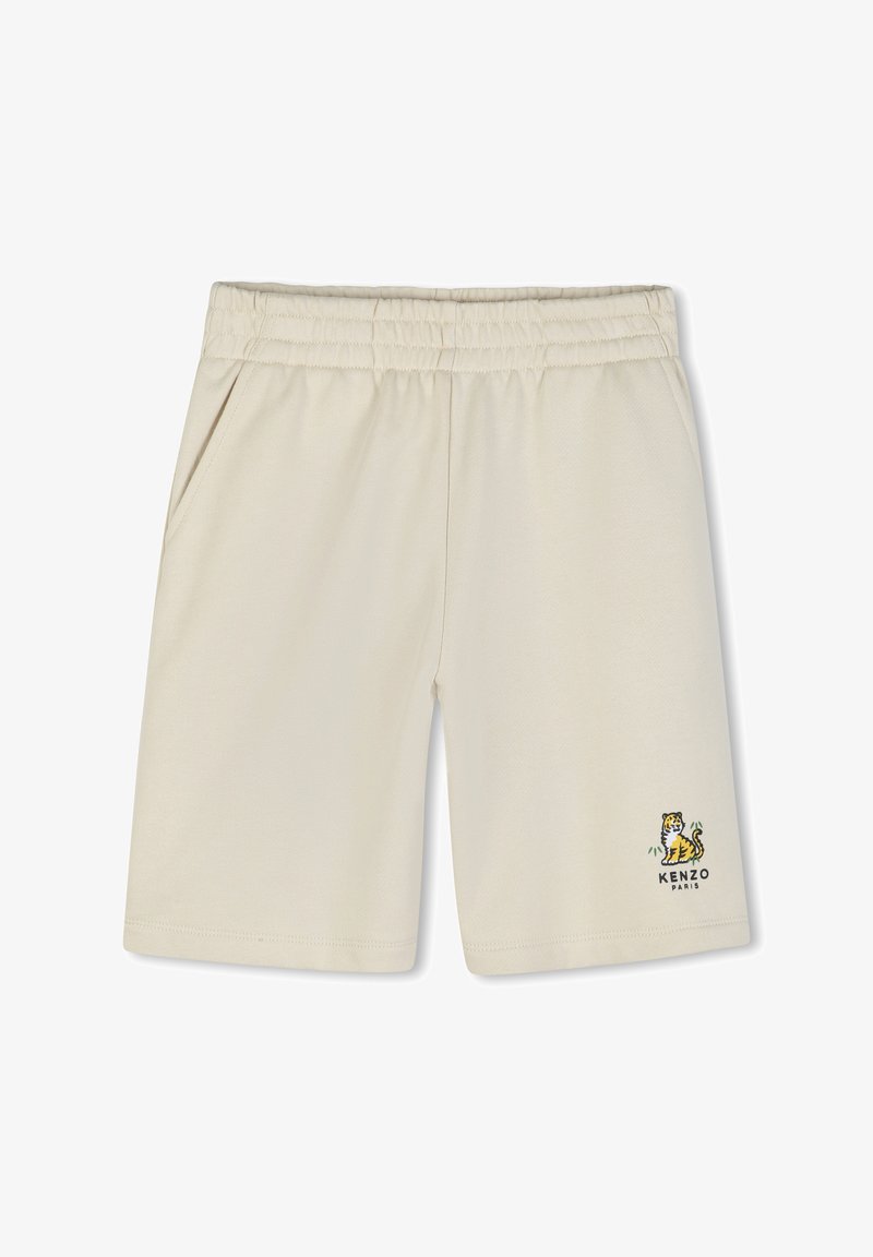 Beige shorts met elastische taille, zijzakken en een klein geborduurd tijgerlogo met de tekst "KENZO PARIS" op het rechteronderbeen.