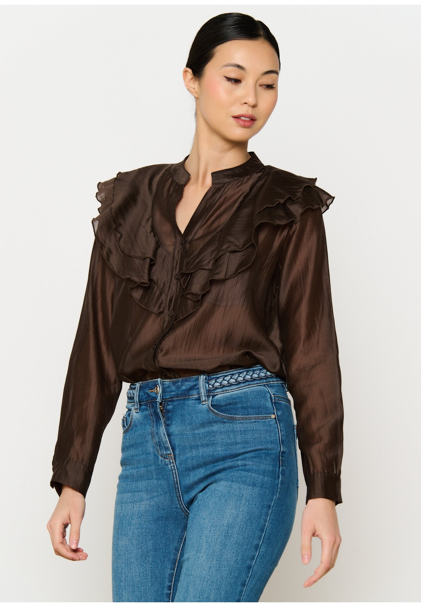 LolaLiza WITH RUFFLES - Button-down blouse - brown dark chocolate 