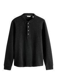 Schwarzes Langarmshirt mit Henley-Ausschnitt und fünf Knöpfen, aus strukturiertem Stoff mit gerippten Bündchen und Saum.