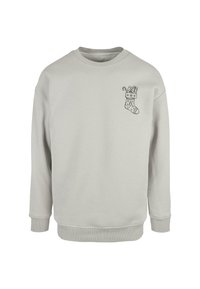 Lysegrå sweatshirt med lange ærmer og ribbede manchetter, der har et sort trykt juledragtsdesign på venstre bryst.