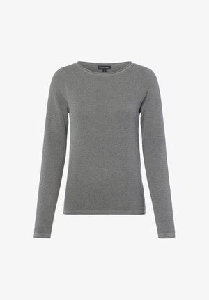 Langärmeliger grauer Strickpullover mit rundem Ausschnitt und strukturiertem Muster, dargestellt auf weißem Hintergrund.