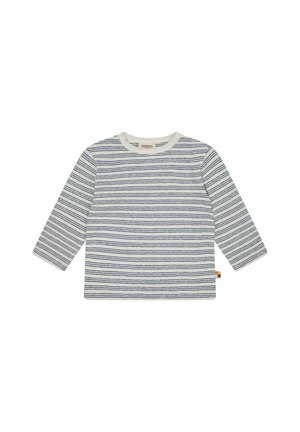 Gestreiftes Langarmshirt in hellem Creme und Marineblau. Weiches Baumwollmaterial, runder Ausschnitt, kontrastierender Saum und seitliches Etikett-Detail.