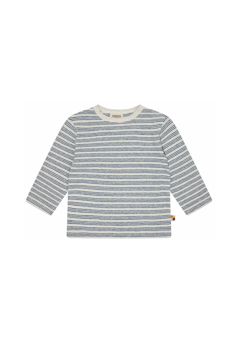 T-shirt a maniche lunghe a righe in crema chiaro e blu navy. Materiale in cotone morbido, scollatura rotonda, rifiniture a contrasto e dettaglio con etichetta laterale.