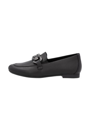 Mocassins en cuir noir au design épuré, avec un accent en métal argenté à l'avant et un talon bas et plat.