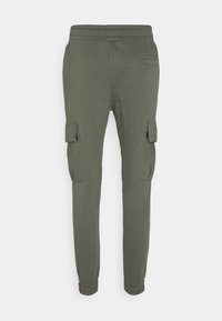 Grüne Baumwoll-Cargo-Hosen mit schmaler Passform, zwei seitlichen Cargo-Taschen, elastischem Bund und gerippten Bündchen an den Knö cheln.