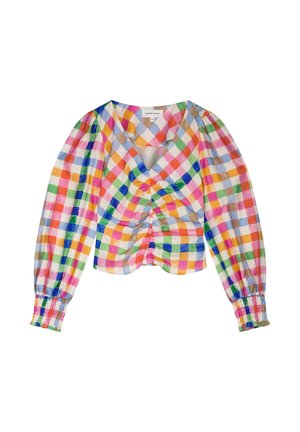 Damesblouse met lange mouwen en een multicolor geruit patroon, geplooide voorkant, opgeblazen schouders en geplooide manchetten.