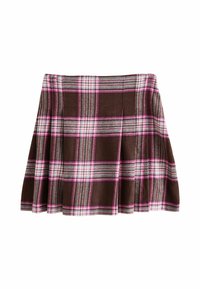 Brown plaid skirt with pink and white lines. Pleated design, made from textured fabric, featuring a flared shape and a wide waistband.