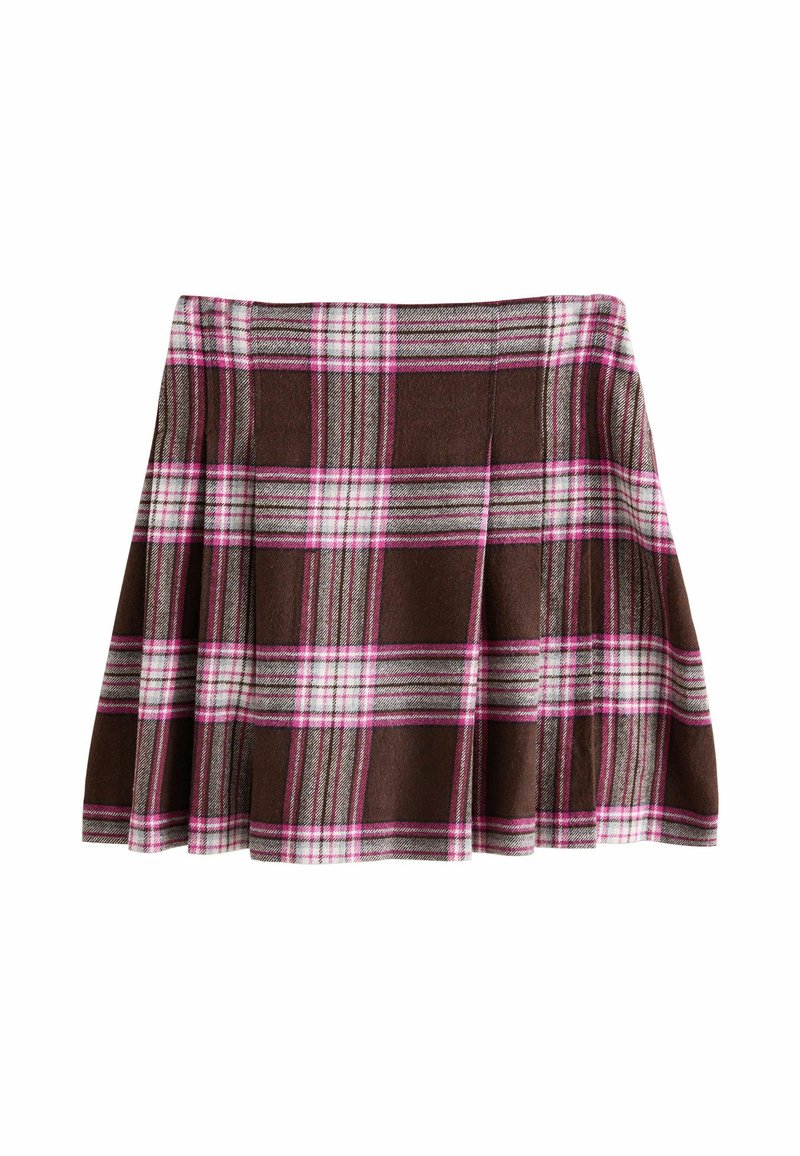 Brown plaid skirt with pink and white lines. Pleated design, made from textured fabric, featuring a flared shape and a wide waistband.
