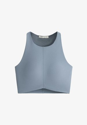 Top scurt albastru deschis fără mâneci, cu guler înalt și detaliu cu cusătură centrală.