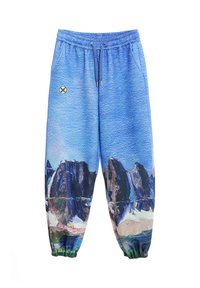 Pantalones de chándal azules con un estampado artístico de paisaje montañoso, cinturilla elástica con cordones, puños en los bajos y bolsillos laterales.