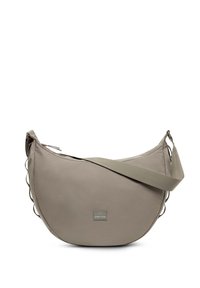 Borsa in morbido tessuto beige, forma curva, tracolla regolabile, chiusura con zip, logo impresso, dettagli laterali con accenti decorativi a forma di anello.