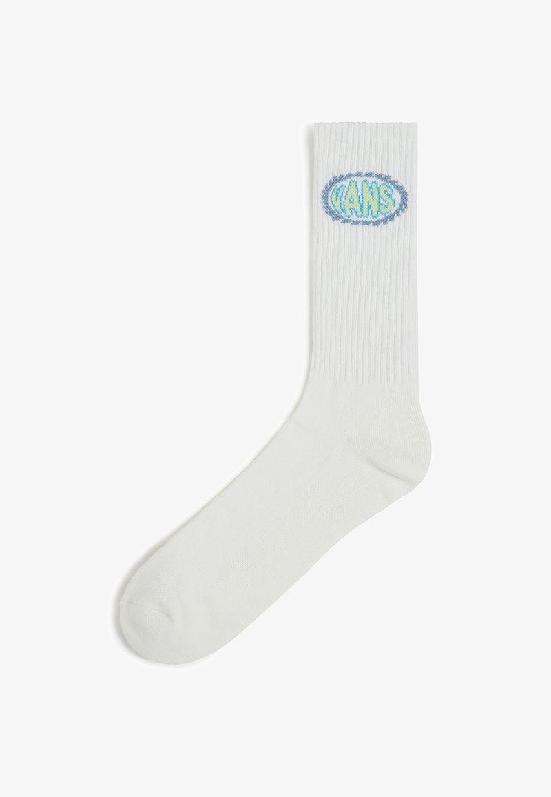 Weißer gerippter Socke mit blauem und grünem "VANS"-Logo in ovalem Muster am Bündchen. Weicher Stoff, standard Länge der Crew-Socken.
