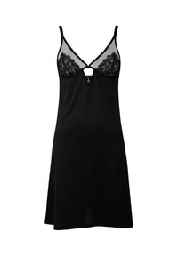 Czarna satynowa sukienka na ramiączkach z koronkowymi miseczkami z siateczki, regulowanymi ramiączkami i małym gwiazdkowym zawieszonym ozdobą w przednim wycięciu.