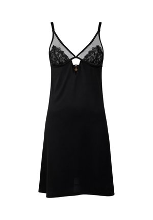 Rochie slip din satin negru cu cupe din plasă de dantelă, bretele ajustabile și un mic charm în formă de stea la o decupare frontală.