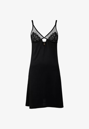 Rochie slip din satin negru cu cupe din plasă de dantelă, bretele ajustabile și un mic charm în formă de stea la o decupare frontală.