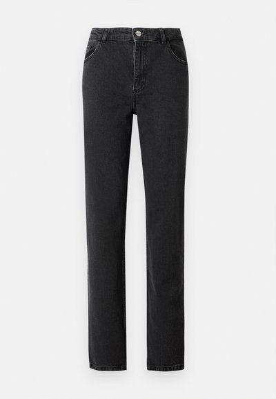 Black denim jeans with a high waist, straight leg design, five pockets, and featuring a button closure with metal hardware.