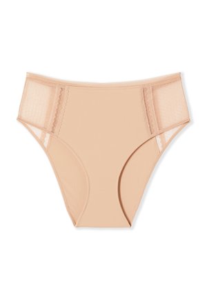 Sous-vêtements beige taille haute pour femmes avec panneaux latéraux en maille et accents en dentelle sur fond blanc.