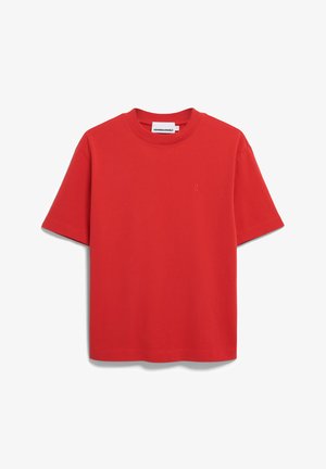 Rode katoenen T-shirt met een ronde hals, korte mouwen en een klein, ton-sur-ton logo op de borst. Vlotte textuur, standaard pasvorm.