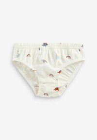Bomulds boyshorts i flødehvid med farverige dinosaurer og regnbue mønstre, med en elastisk talje og sammensnørede benåbninger for komfort.