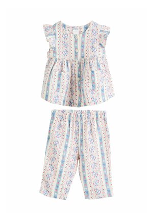 Zweiteiliges Outfit mit einem kurzärmeligen Oberteil mit Rüschen, blauem Blumen- und Streifenmuster, kombiniert mit elastischen Hosen im gleichen Design.