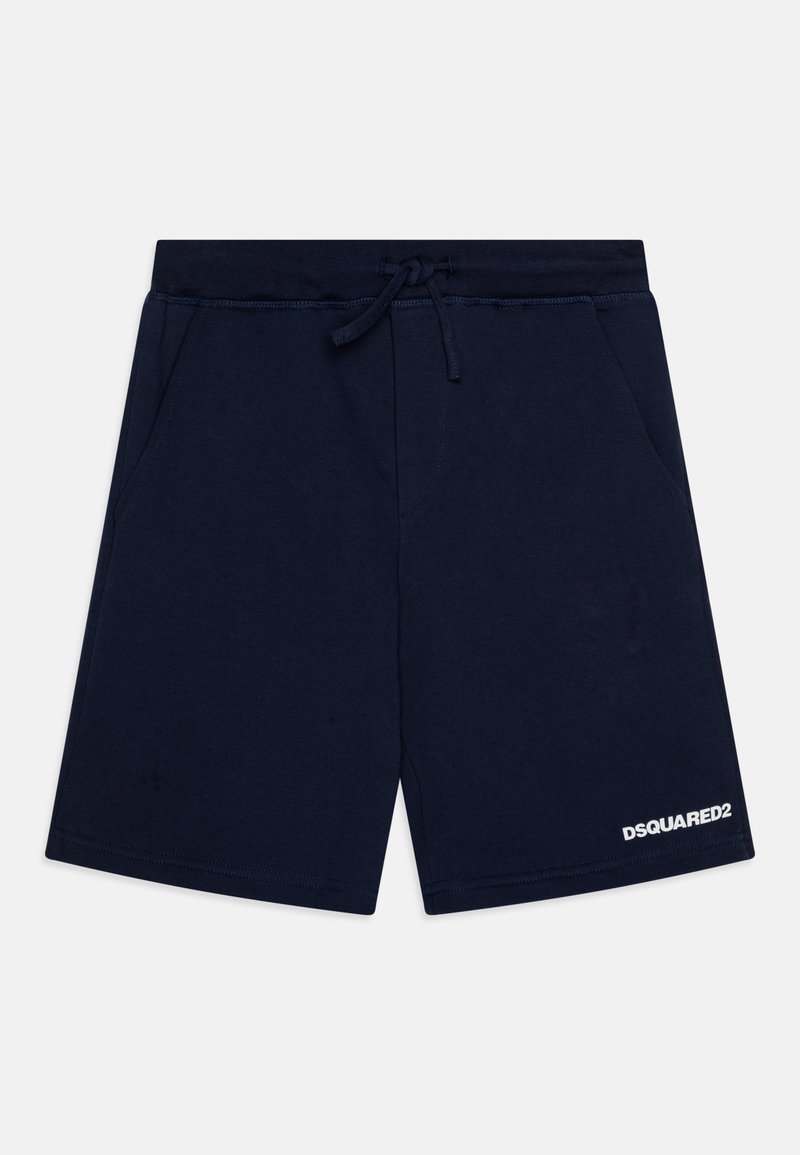 Navy blue shorts made of soft fabric. Features an elastic waistband with drawstring, two side pockets, and a white logo on the right leg.