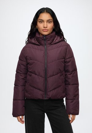 Donna con capelli lunghi neri che indossa una giacca imbottita viola scuro con cerniera e pantaloni neri, in piedi davanti a uno sfondo bianco semplice.
