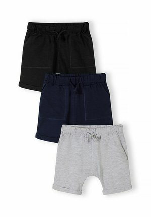 Drie paar korte broekjes voor peuters in zwart, marineblauw en lichtgrijs, elk met elastische taillebanden, voorzakken en koordsluitingen.
