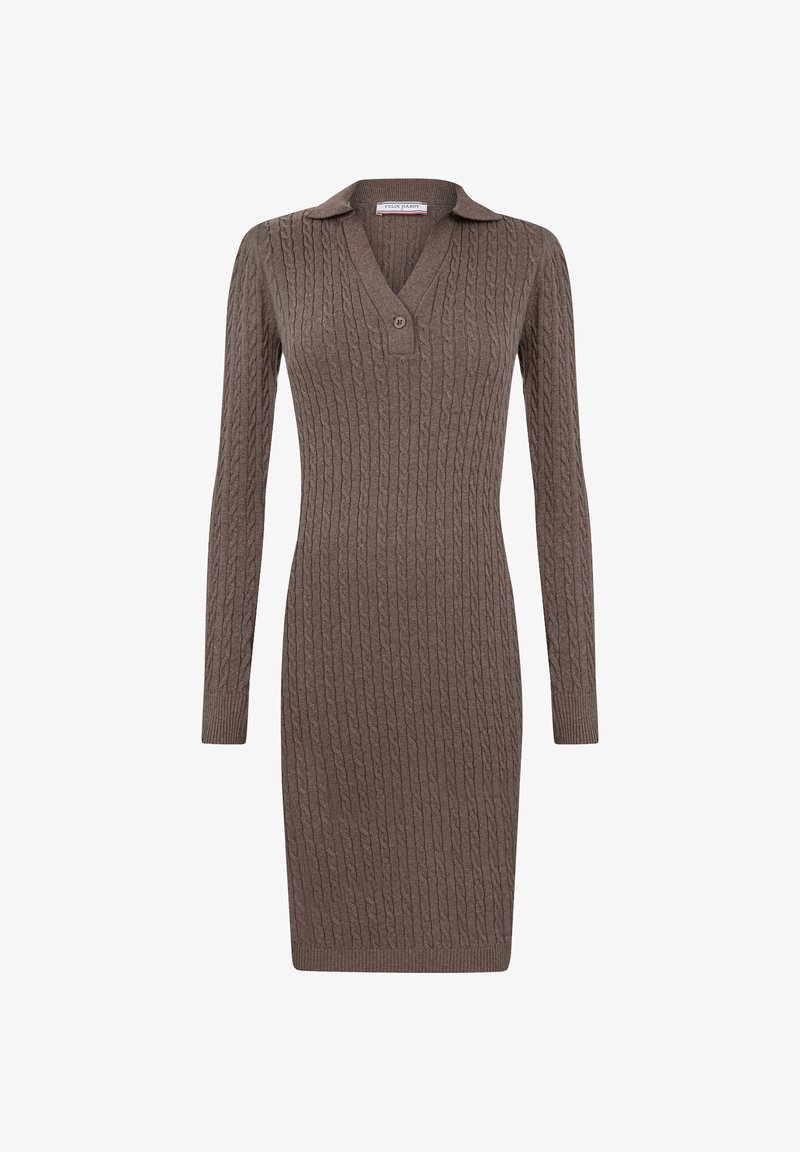 Robe tricotée marron avec un motif en câble, manches longues et col. Présente un bouton au niveau du col, une coupe ajustée et un ourlet côtelé.