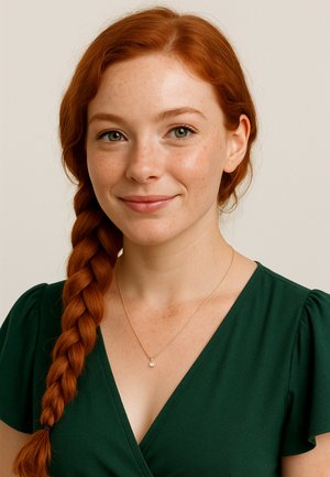 Collana d'oro con un pendente di perla singola, indossata con un abito verde con maniche a sbuffo. La modella ha i capelli rossi raccolti in trecce e trucco naturale.