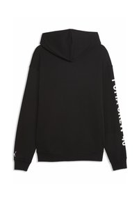 Sweat à capuche noir avec une grande capuche à l'arrière, des manches longues, des poignets côtelés et un texte blanc sur une manche. Confectionné dans un tissu doux et texturé.