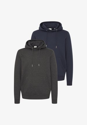 Deux sweat-shirts à capuche : un en gris foncé et un en bleu marine. Fabriqués en tissu doux, avec des cordons de serrage, une poche avant et des poignets côtelés.