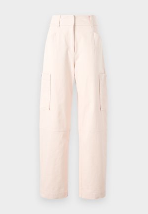 Light pink cargo pants made of cotton, featuring a straight cut, two side pockets, and a waistband with elastic details.