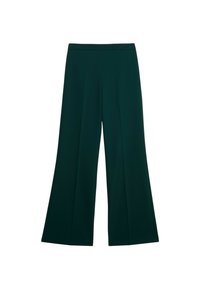 Pantalones de pierna ancha verdes fabricados con una tela suave. Cuentan con una cinturilla alta y un diseño con pliegues en la parte frontal, creando una silueta relajada.